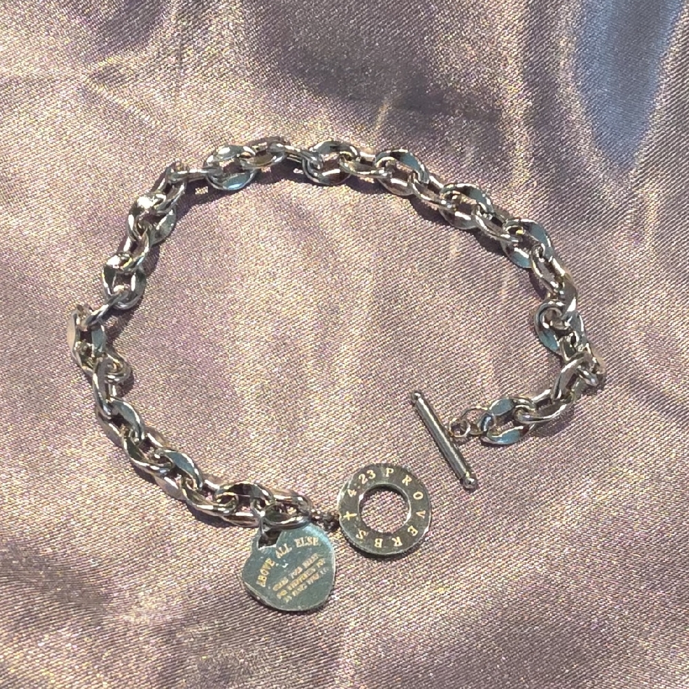 Silver Chain Bracelet with Heart Charm & 4:23 Proverbs Message. 7 Inch NWT